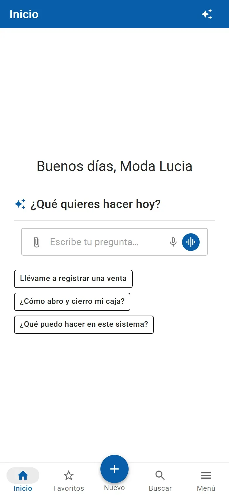 Pantalla de inicio en el celular con el asistente: escribe tu pregunta o háblale, y sugerencias como registrar una venta